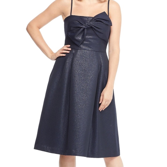 NEW GAL MEETS GLAM Shimmery NAVY Lucille STARRY NIGHT Fit & Flare BOW DRESS 4 - Picture 4 of 14